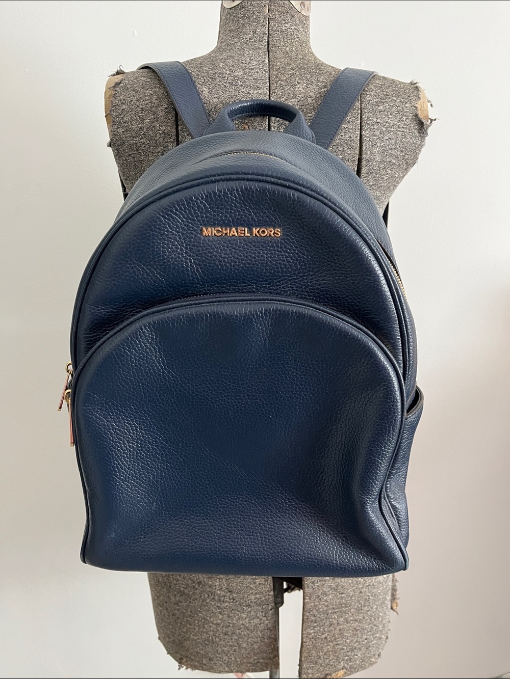 Michael Kors Navy Leather Pebbled Backpack with Gold Logo